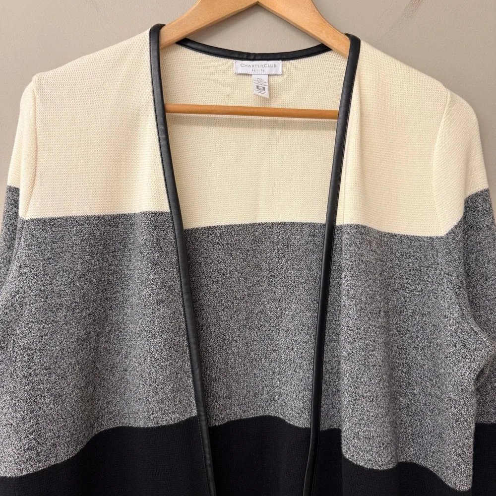 Charter Club Women Colorblock Cardigan Size P Large Cotton Faux Leather Trim